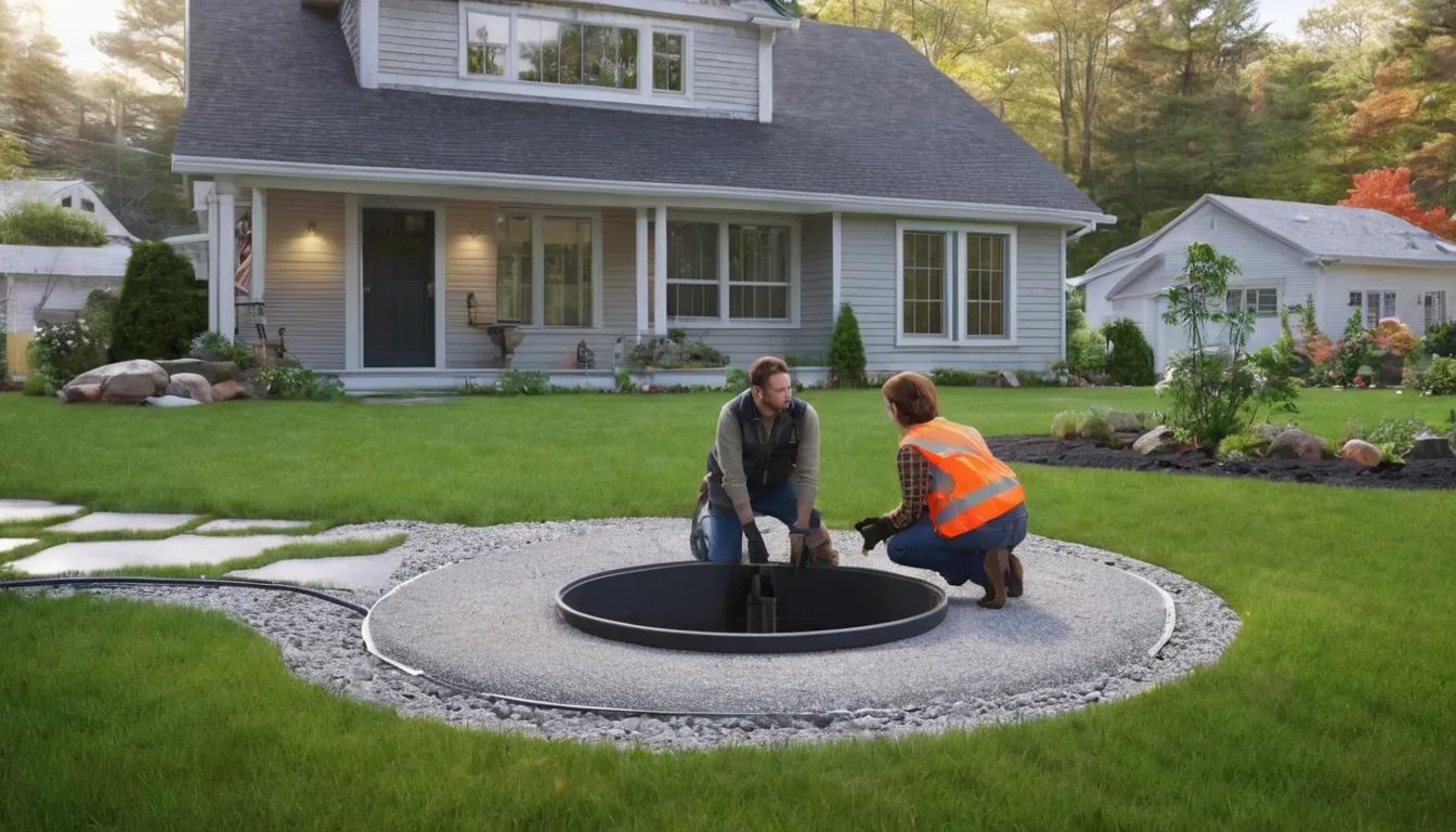 Provider inspecting an open septic tank access lid beside a home in Hammonton while a homeowner looks on