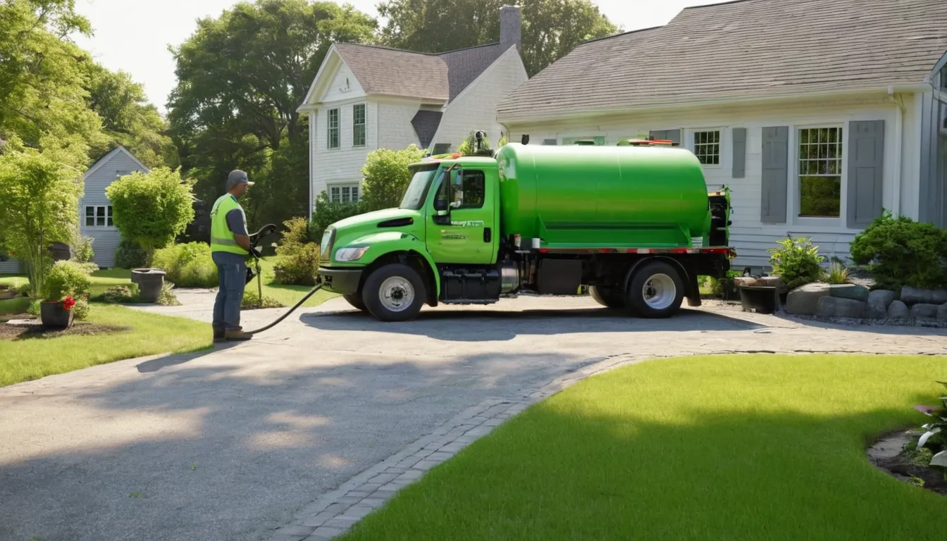 Friendly septic provider and homeowner talking beside an open tank lid and pumper truck in a yard near Hammonton